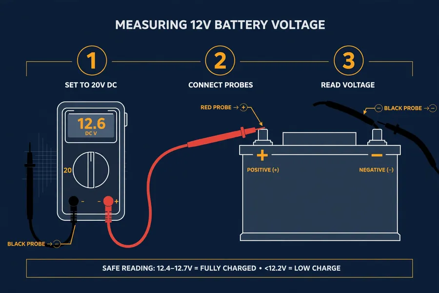Diagram showing how to measure a 12V car battery voltage with a digital multimeter