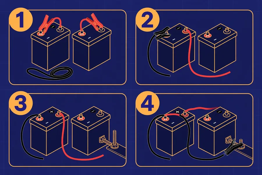 Four-step diagram showing the correct jumper cable connection order between two car batteries