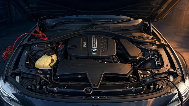 BMW 3 Series engine bay with jumper cables on the under-hood terminals — how to jump start BMW 3 Series safely