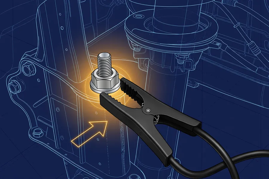Close-up diagram of the BMW engine-bay ground post where the black negative jumper cable clamp attaches