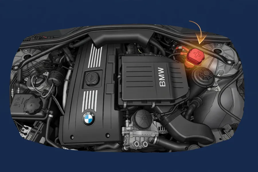 Diagram highlighting the under-hood positive jump-start terminal under its red cover on a BMW 3 Series