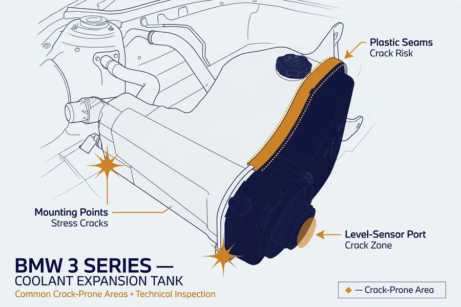 Diagram of a BMW 3 Series coolant expansion tank highlighting common crack-prone areas: plastic seams, mounting points, and the level-sensor port
