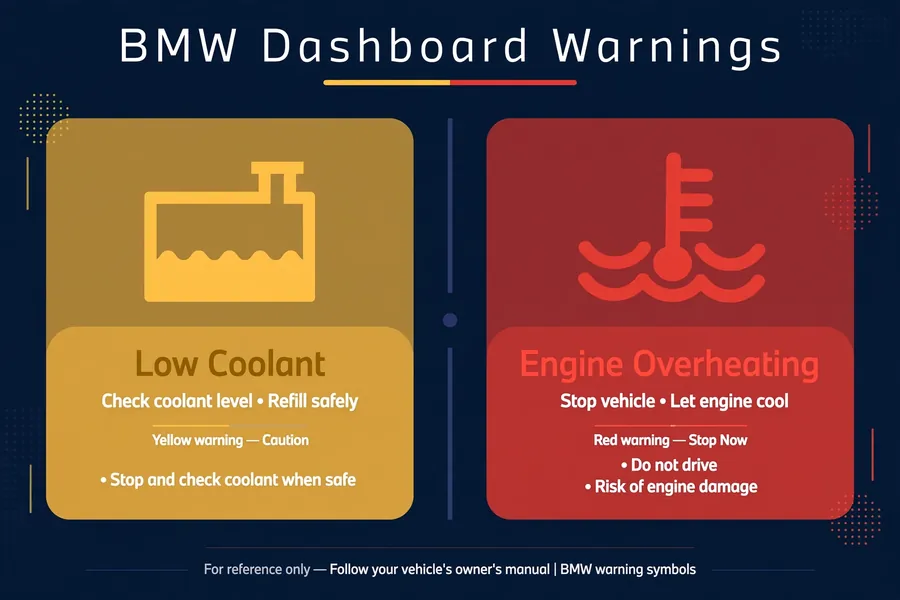 Comparison of BMW dashboard warnings: yellow low-coolant warning versus red engine-overheating warning