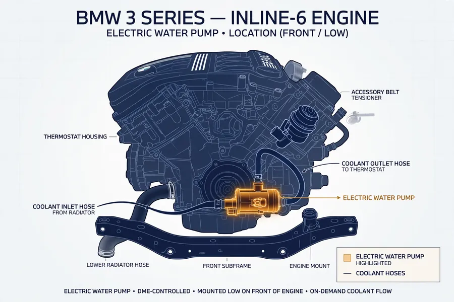 Diagram showing the electric water pump location low on the front of a BMW 3 Series inline-6 engine